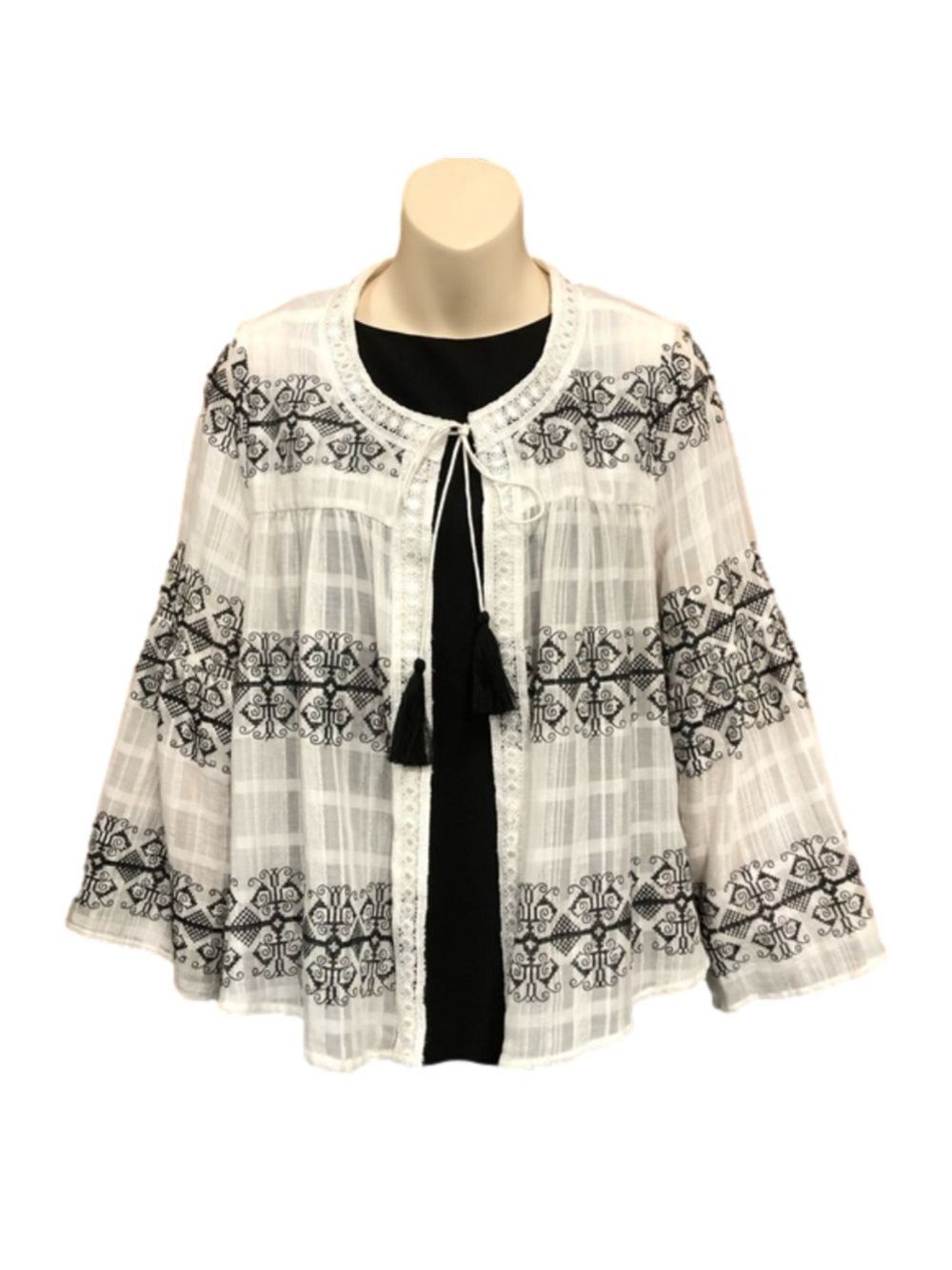 𝅺NANETTE Lepore embroidered bell sleeve topper drapey blouse Small